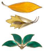 Three Scandinavian signed silver gilt and enamel brooches,