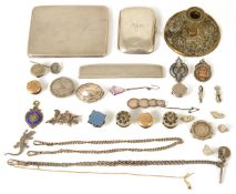 A collection of silver, cigarette cases, pill box, medals,