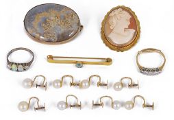 A 9ct gold mounted oval moss agate brooch and a collection of related items,