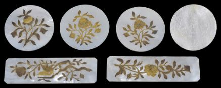 Six Chinese export mother of pearl and gilt decorated counters