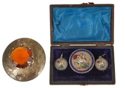 A George III enamelled silver brooch and earrings of crown design