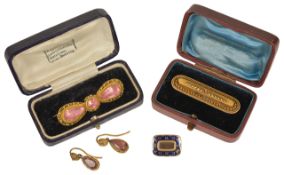A Georgian pink paste canetille work brooch and similar drop earrings,