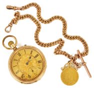 A 14k gold open faced pocket watch, the gilt dial with roman hours, subsidiary seconds dial, togethe