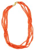 An attractive five row red coral bead necklace choker