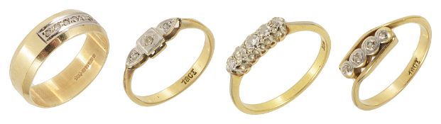 A delicate five stone diamond set ring and three other diamond rings,