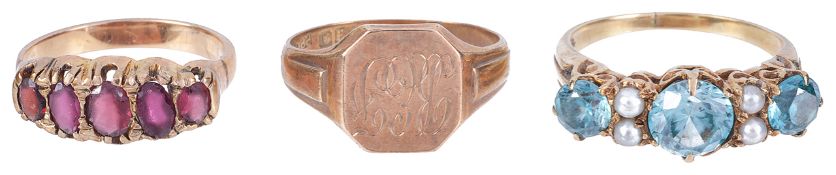 A blue zircon and seed pearl half hoop dress ring and two other ringsthe zircon ring set with