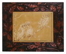 A 1920s carved oak framed velvet picture of three owls the velvet