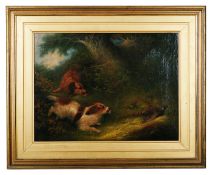 Edward Armfield (British 1817 - 1896) 'Terriers chasing a pheasant' oil on canvas, signed lower left