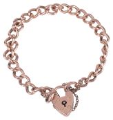 A rose gold curb link bracelet with heart padlock fasteningeach link stamped 9ctapprox. weight 10.