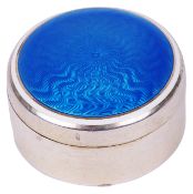 A continental white metal and blue guilloche pill boxthe screw top circular box stamped on the