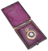 A J.W. Benson 18ct gold ladies half hunter pocket watchthe white enamel dial with roman hours, spade