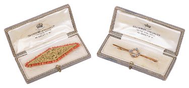 A delicate Edwardian sapphire and half pearl set bar brooch and anotherthe bar brooch marked 15ct