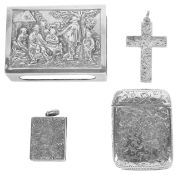 A collection of Victorian silver novelty itemsa silver vesta case, hallmarked Birmingham 1857 with