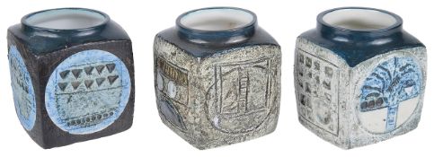 Three Troika pottery marmalade pots, 20th century of square forms with incised abstract decoration,
