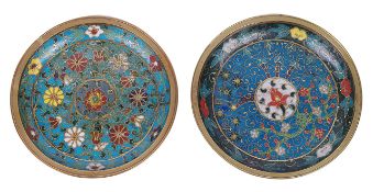 A pair of Chinese circular cloisonne dishes, late Mingboth with foliate and floral scroll decoration