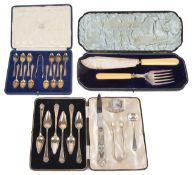 Three cased sets of Victorian and later silver flatwarea silver fish knife and fork set,