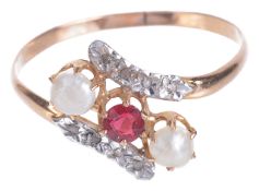 A delicate Edwardian gem and pearl set twist ringthe central red stone between a pearl to either