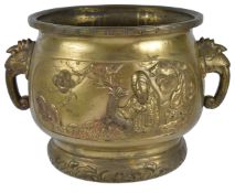 A large 19th Century Japanese gilt bronze censerhaving twin elephant mask handles and front panel