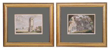 A collection of eleven prints of landscapes and castles in Yorkshire, Sussex and France, framed