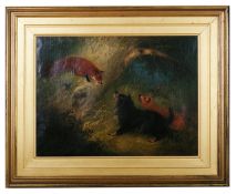 Edward Armfield (British 1817-1896) 'Terriers facing a fox' oil on canvas, signed lower left, gilt