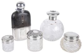 A small collection of silvercomprising a half leather covered hip flask with viewing window and a