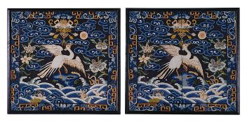 A pair of Chinese silk embroidered rank badges Buzi, late Qingof a bird in flight, finely worked