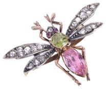 A delightful early Victorian diamond and gem wasp cliphaving pink topaz set thorax and peridot to