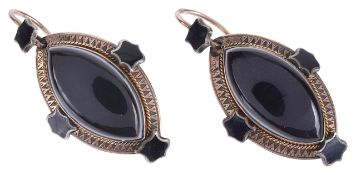 A pair of Victorian Etruscan style banded agate and enamel drop earringsthe marquis shaped banded