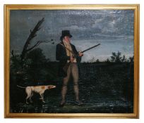 British school, 18th century 'Hunter and hound', oil on canvas, unsigned, in a gilt frame