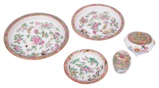 A small collection of Chinese famille rosecomprising three dishes of graduating size, a miniature