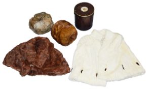 Two vintage fur capes, hat and muffthe former brown short cape with marcasite fastener, the second a
