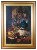 Charles Thomas Bale (British active 1866-1875) 'Still life of game, fruit, cider flagon and powder