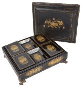 A late 19th century Chinese lacquer gaming boxof rectangular form, with gilt decoration to the