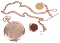 A 9ct rose gold curb link watch Albert chain with gold half sovereign fob and a 15ct gold hard stone