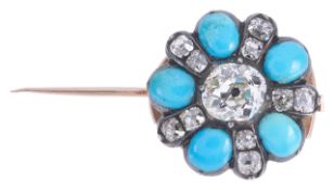 A large attractive early Victorian diamond and turquoise set floral cluster pinconverted to and from