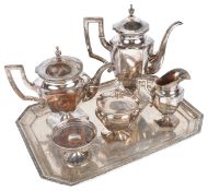 A German five piece silver tea service by H Meyen & Co. Berlinof hexagonal pedestal form with beaded