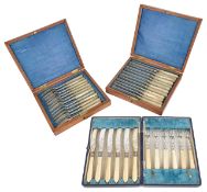 Two mahogany cased mother of pearl handled fruit knives and forks, a suite of twelve and a blue
