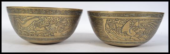A pair of Chinese brass censur ding bowls with stylised decoration and greek key borders. Cast marks