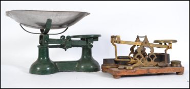 A pair of vintage style pan scales with weights together with an early 20th century pair of