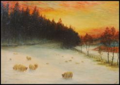N.V. Barker. An oil on board painting of a snow swept farming scene with sheep and rams grazing.