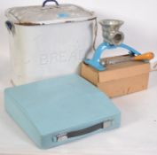 A vintage mid 20th century white enamel bread bin together with a Spong mincer and a cased