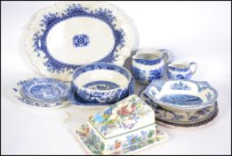 A group of 19th and later century blue and white ceramics to include Abbey, Masons, Indian Tree,