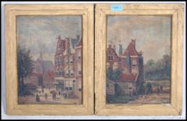 A pair of framed early 20th century oil on canvas paintings of continental street scenes signed to