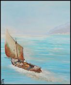 A retro 1960's framed oil on canvas Italian school painting of a sailing boat on  a lake with
