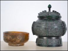 A 20th century Chinese bronze lidded censor bowl h
