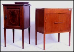 An Edwardian mahogany inlaid pot cupboard being raised on square tapered legs having single locker