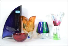 A good collection of vintage retro 20th century studio glass vases of varying colours and designs