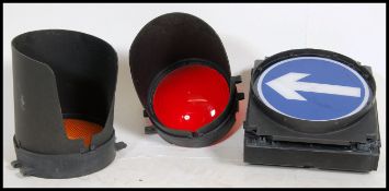 A set of 20th century / modern Industrial traffic lights , the circular screes with hoods set to