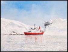 A framed oil colour painting on board by John Hamilton 1919-1993 of HMS Georgia among the icebergs