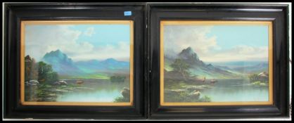 A pair of framed and glazed late 19th century oil on canvas of highland scenes, both with stags to